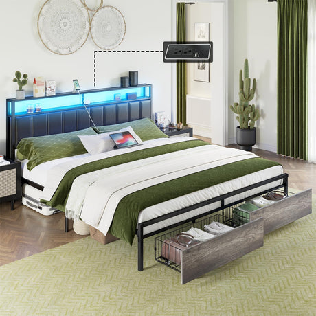 AMERLIFE Rustic Grey LED King Bed Frame with Storage Drawers & Charging Station Headboard AMERLIFE