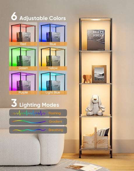 Display Shelf with RGBW Light, Color Changing Curio Cabinet Floor Lamp with Shelves Corner Standing Column Lamp Etagere Organizer Tower Nightstand Bookcase for Living Room Bedroom Office Décor, Gray PARTPHONER