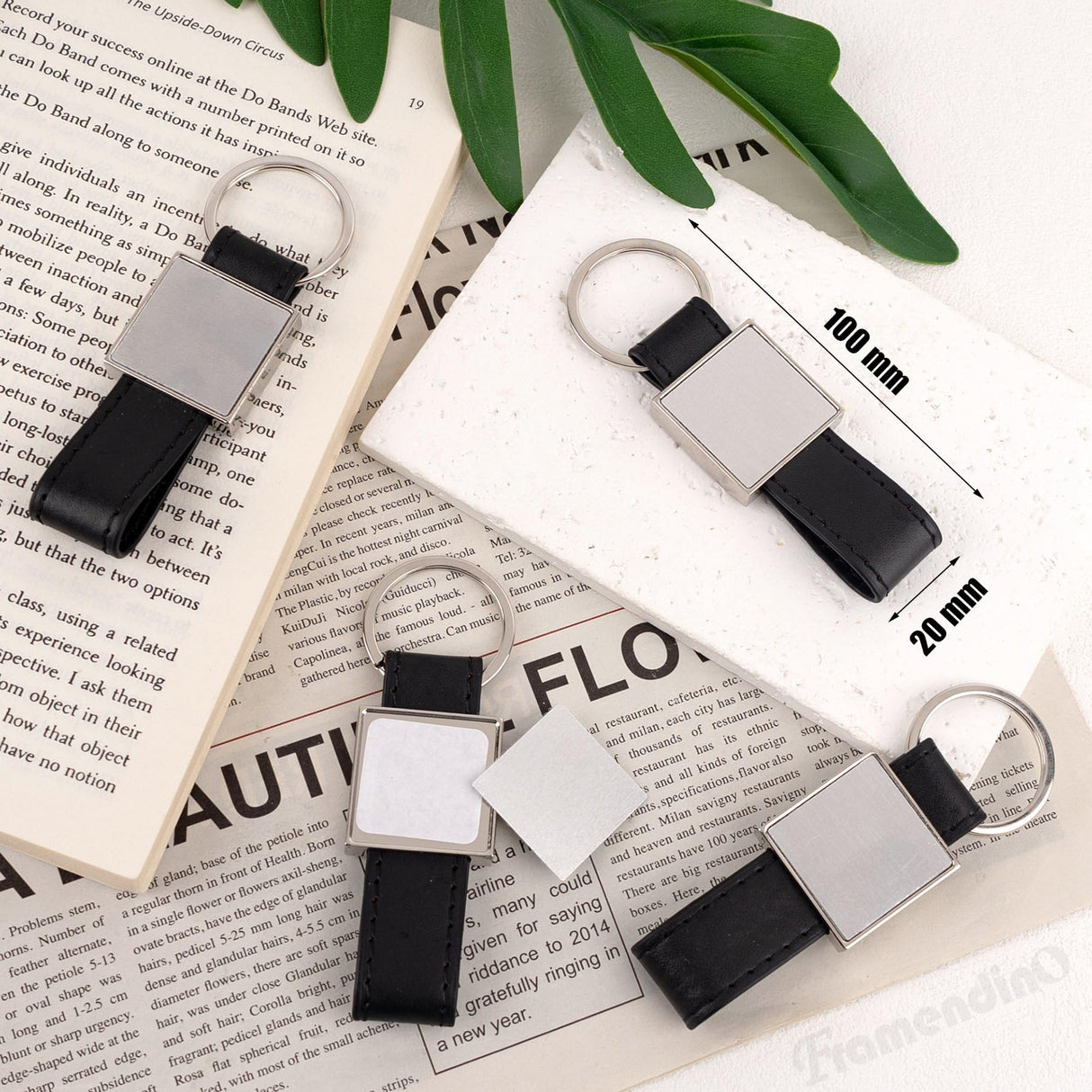 Framendino, 4 Pack Leather Sublimation Blanks Keychain with Metal Square Rectangle Heat Transfer Blank Tray Key Chain for DIY Crafts Photo Black Framendino
