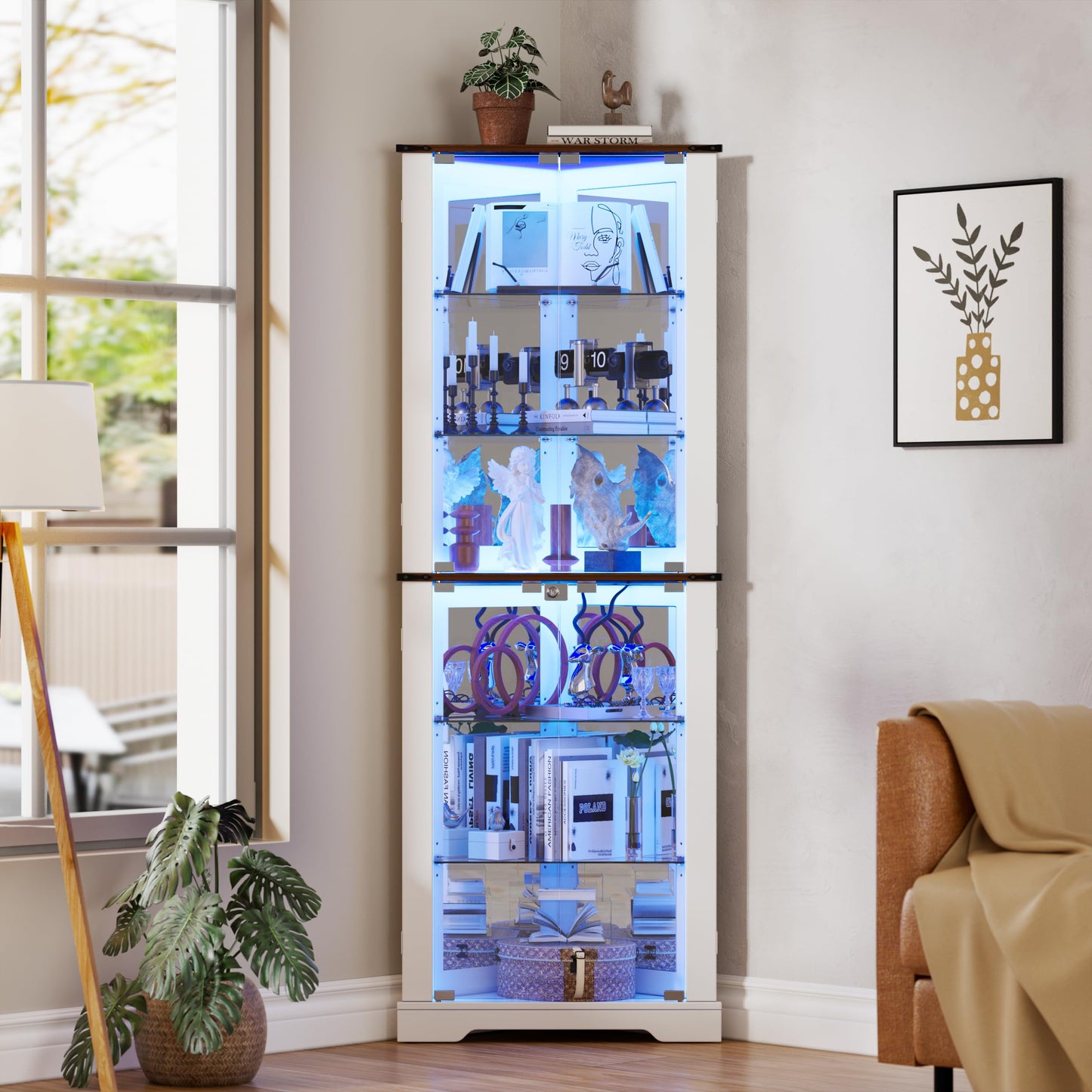 PAKASEPT 71'' Farmhouse Corner Display Curio Cabinet with LED Lights&Tempered Glass Doors,Display Case with Light Strip,Shelves,Floor Standing Liquor Wine Cabinet Storage Rack for Bar,White