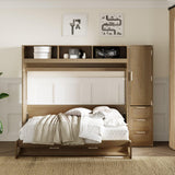 LZ LEISURE ZONE Full Size Murphy Bed, Wooden Full Cabinet Wall Bed with Closet, Drawers and Open Shelves, Antique Grey LZ LEISURE ZONE