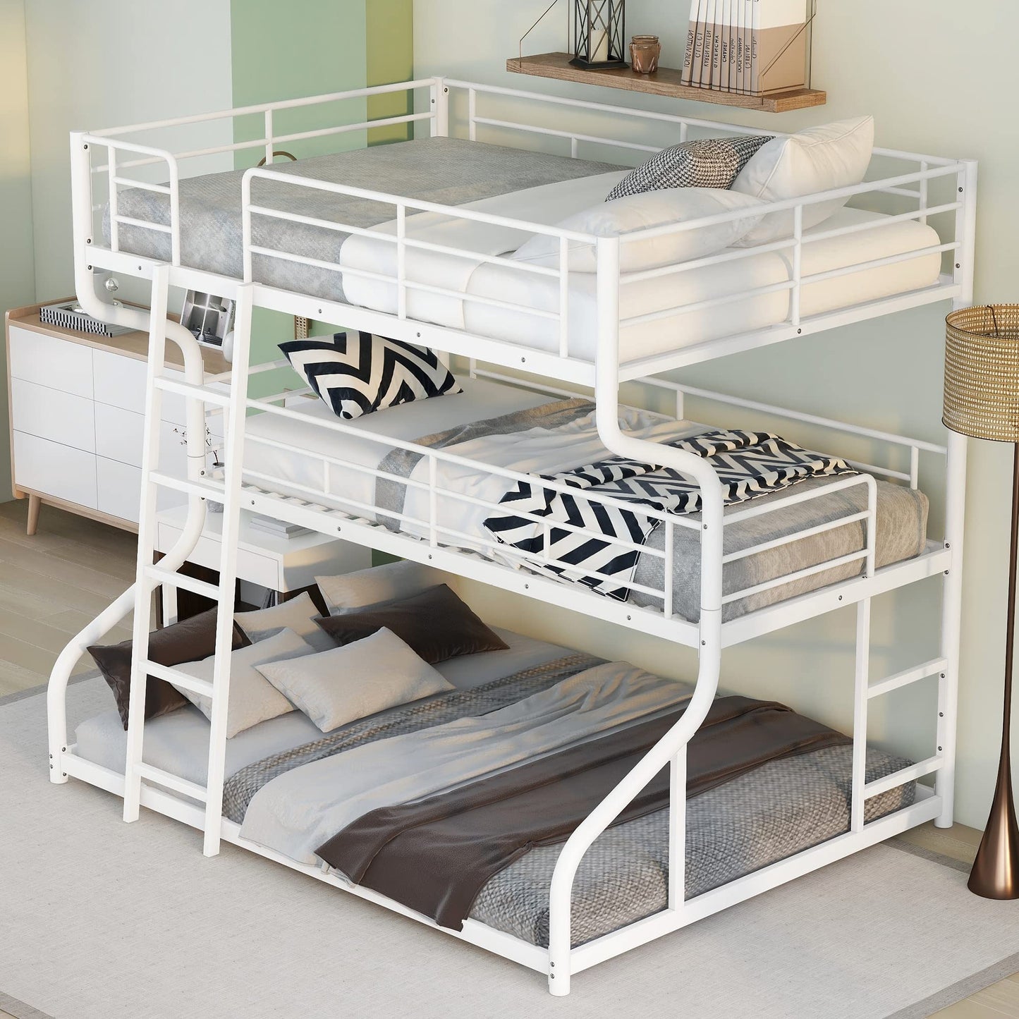 Metal Triple Bunk Beds, Full XL over Twin XL over Queen Bunk Beds for 3, Modern Style Heavy-Duty Steel Frame Bunk Bed with Safety Rail, Built-in Ladder for Bedroom, Dorm, Kids, Teens, Adults (White)