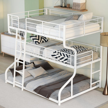 Metal Triple Bunk Beds, Full XL over Twin XL over Queen Bunk Beds for 3, Modern Style Heavy-Duty Steel Frame Bunk Bed with Safety Rail, Built-in Ladder for Bedroom, Dorm, Kids, Teens, Adults (White) Harper & Bright Designs