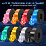 JAYO Silk PLA Filament Bundle 1.75mm, Silk 3D Printer Filament Bundle Multicolor, Individually Vacuum Packed, 8 Pack, Shiny Silk 2KG in Total, Light Gold+Silver+Black+Blue+Red+Green+Orange+Pink JAYO