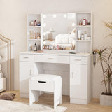 Halitaa Makeup Vanity Table with Lighted Mirror & Outlets, Large Vanity Set Vanity Desk with Lots Storage, 3 Lighting Modes, Brightness Adjustable, 45inch Halitaa