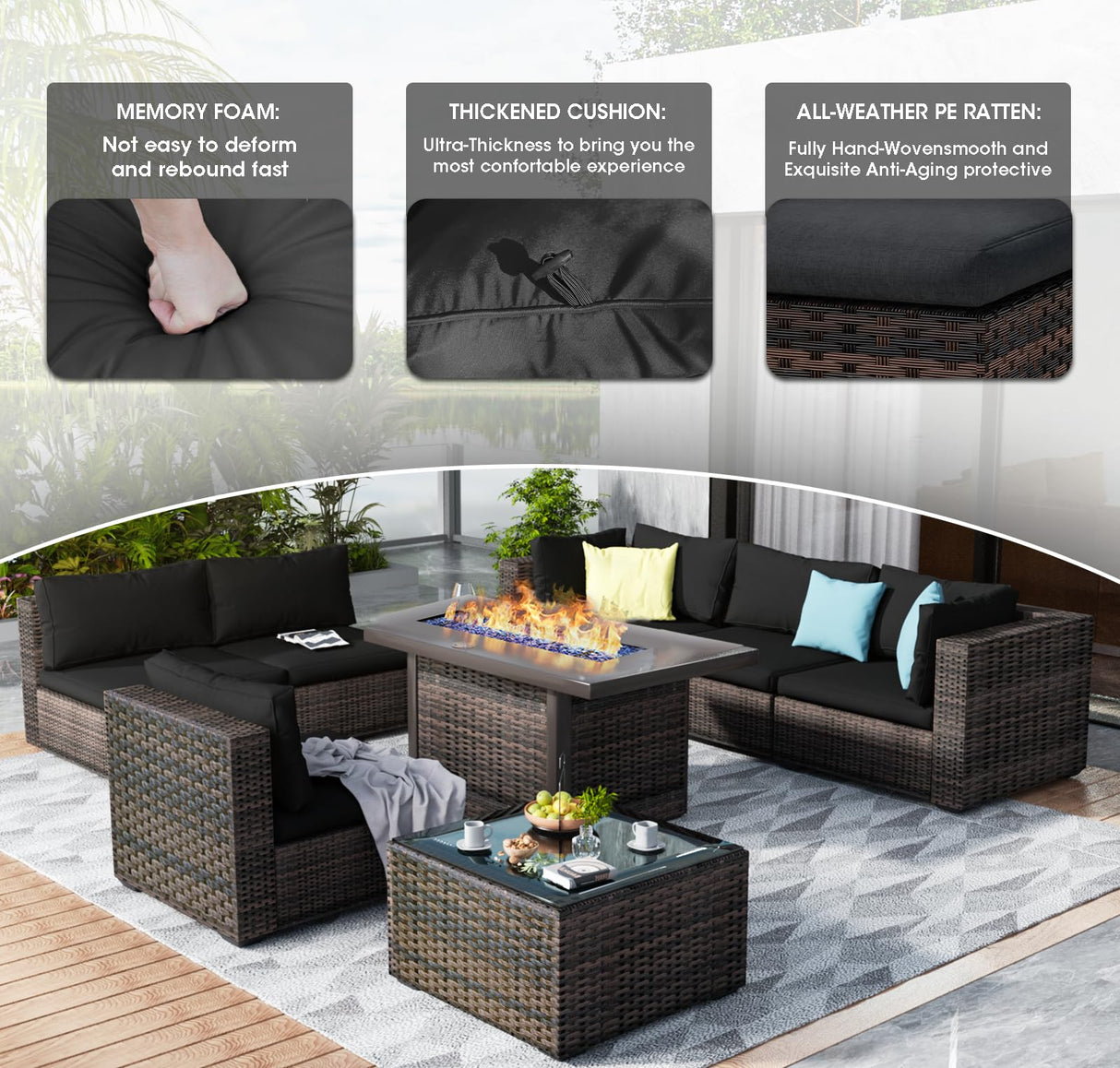 GREZJXC 7 Pieces Outdoor Sectional Patio Furniture Set with Fire Pit Table PE Rattan Wicker Patio Sectional Conversation Set with Cushion Black GREZJXC