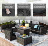 GREZJXC 7 Pieces Outdoor Sectional Patio Furniture Set with Fire Pit Table PE Rattan Wicker Patio Sectional Conversation Set with Cushion Black GREZJXC