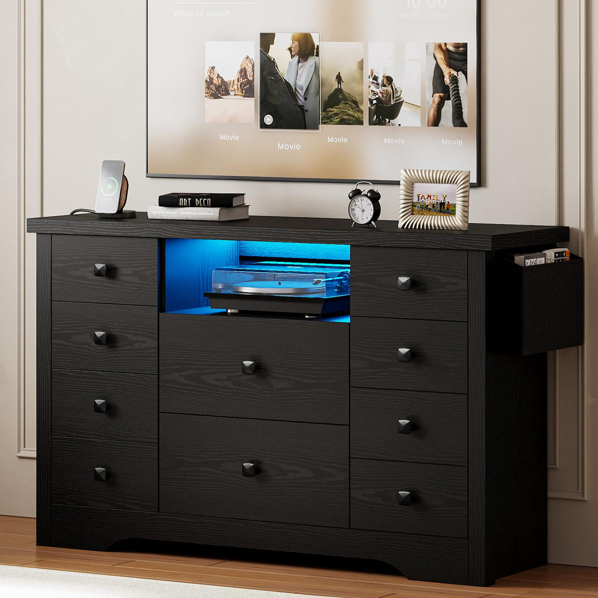 LIKIMIO Dresser with 10 Drawers, Bedroom Wooden Chest of Drawers with LED Lights and Power Outlets, Fabric Side Pocket, TV Stand for Living Room, Black LIKIMIO