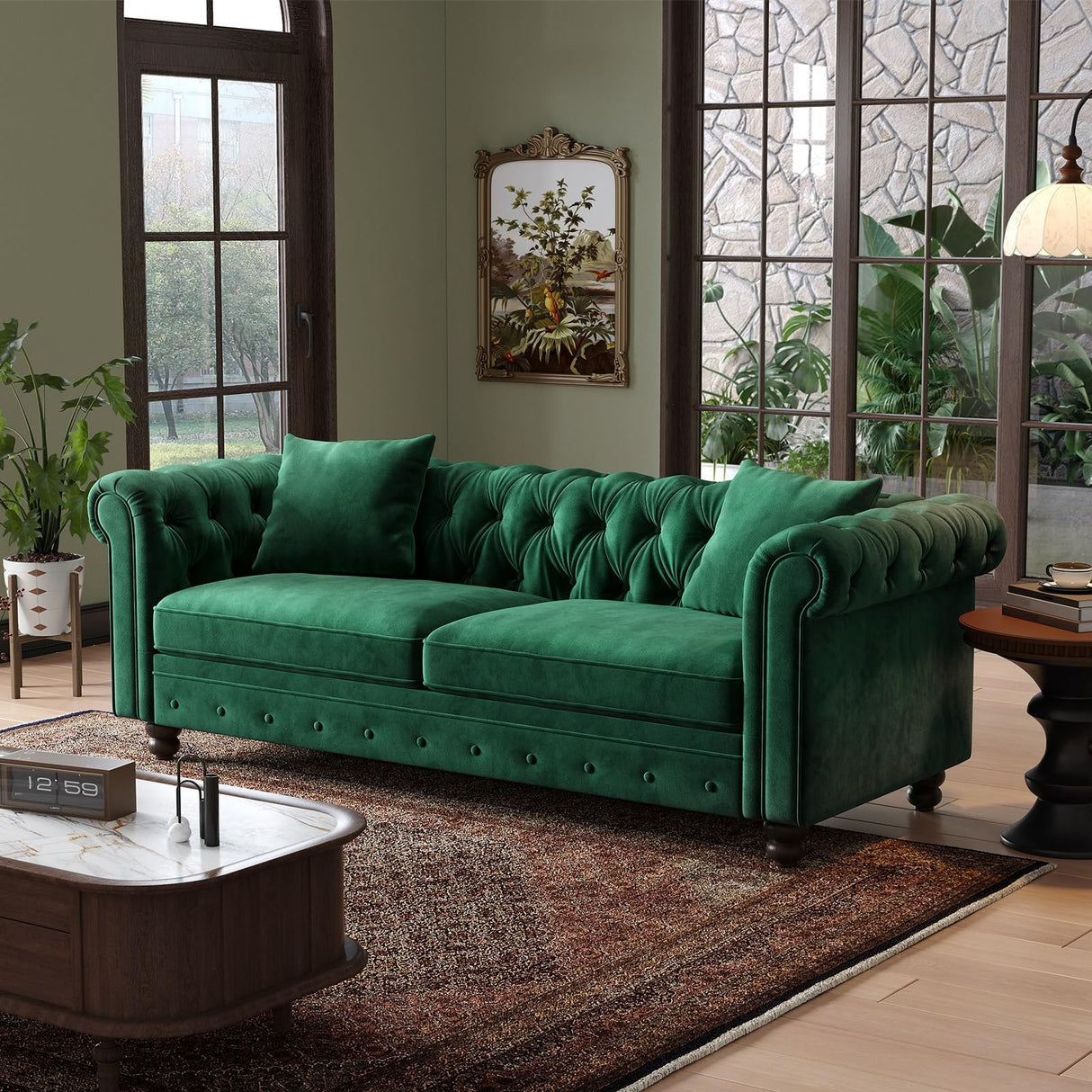 ONBRILL 82 Inch Chesterfield Sofa, 23 Inch Deep Seat Velvet Couch for Living Room, Button Tufted Couch with Rolled Arms, 2 Throw Pillows, Comfy Vintage Loveseat Sofa for Apartment, Green ONBRILL