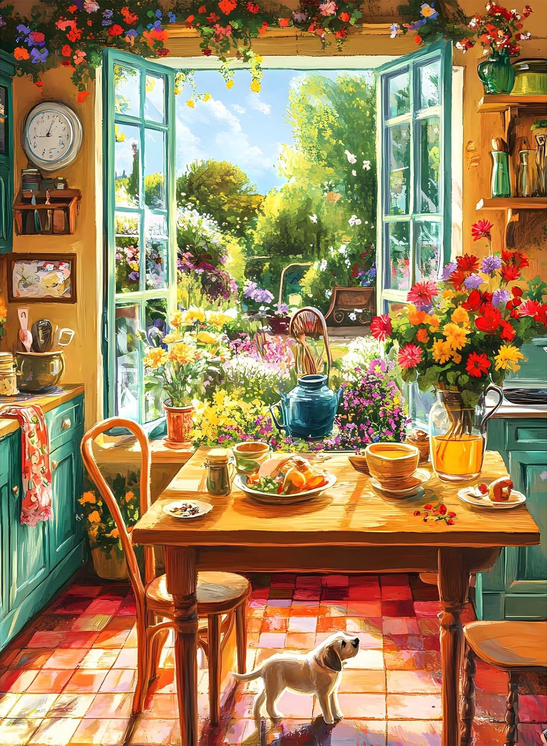 Diamond Art Kits for Adults Beginner- Cozy Kitchen and Garden Sunshine and Dog Diamond Painting Kits 5D Diamond Dots Gem Art Crafts with Tools- Round Full Drill Funny Crafts for Home Wall Decor&Gift Fairyland JinWenn
