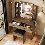 Maupvit Vanity Desk with Mirror and Lights,Makeup Vanity Table Set with Power Outlet,3 Lighting Modes & Adjustable Brightness Dressing Table with 2 Drawers for Bedroom Dressing Room,Rustic Brown Maupvit