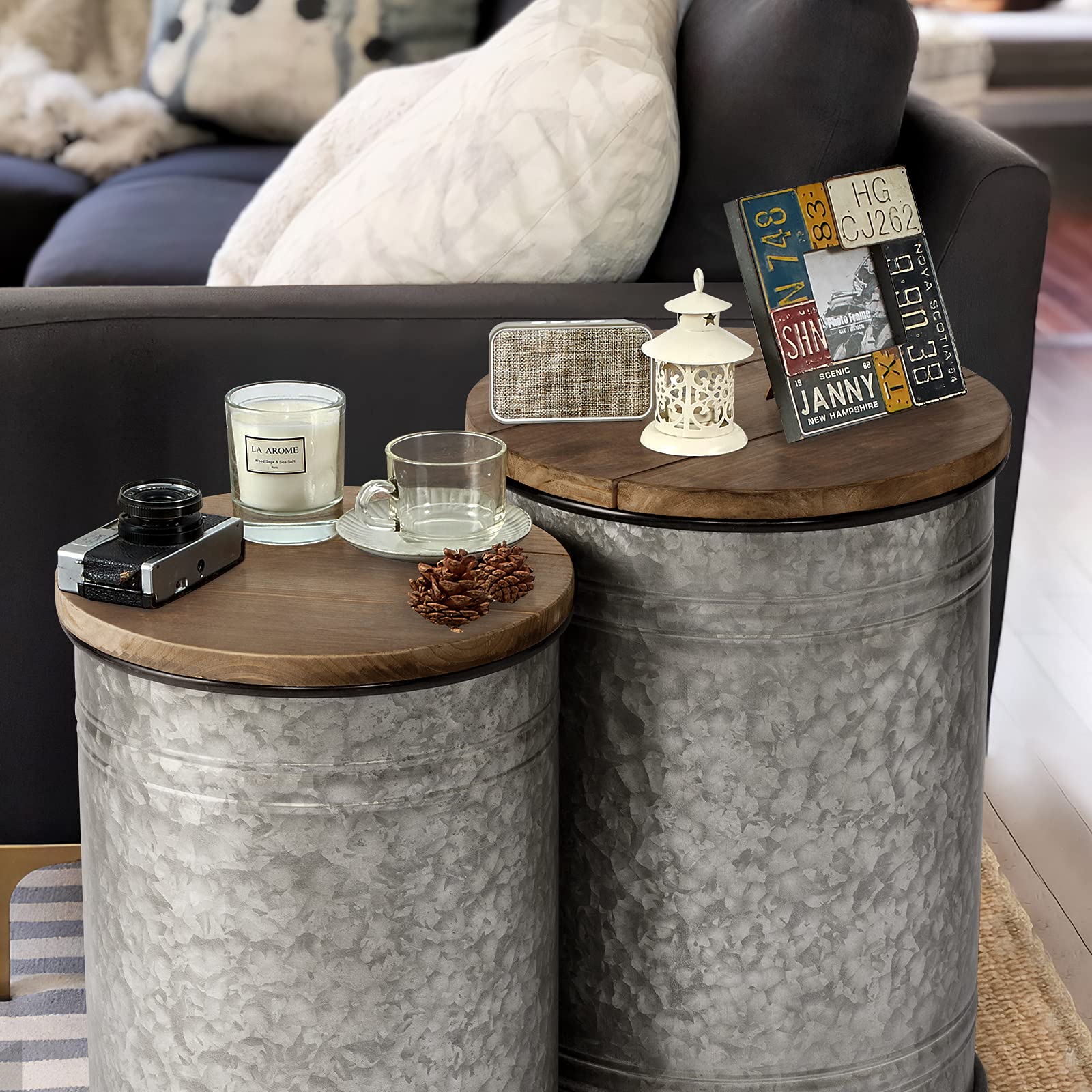 oneinmil Rustic End Table with Storage Bins Farmhouse Furniture Galvanized Metal Stool Ottoman Seat with Round Wood Lid Set of 2 - WoodArtSupply