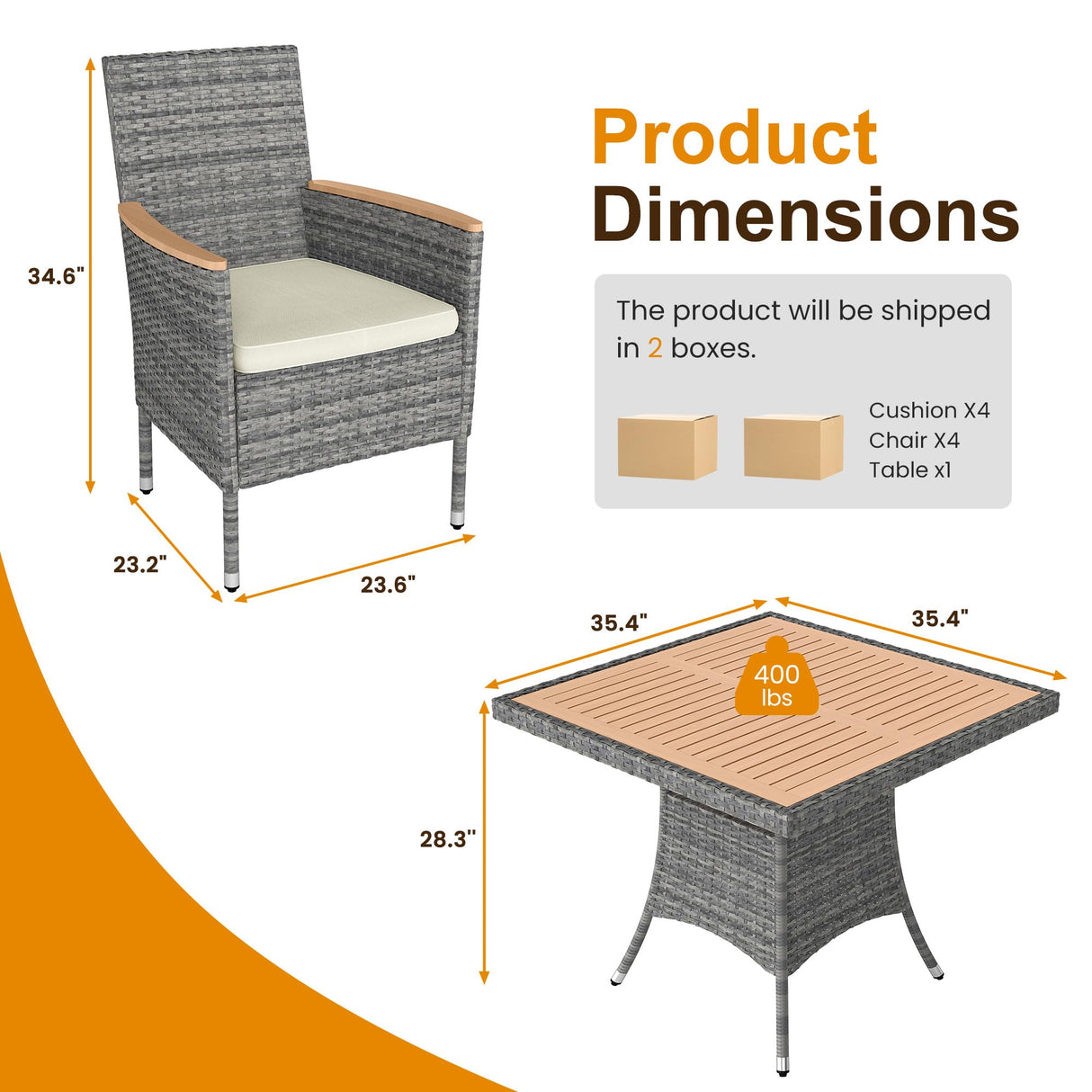 Wisteria Lane Patio Dining Sets for 8, All Weather Rattan Outdoor Table and Chairs with Acacia Wood Tabletop, Patio Dining Furniture with Removable Cushions for Deck Garden, Backyard, Gray Wisteria Lane