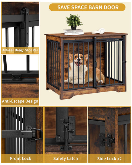 Hzuaneri Dog Crate Furniture, 32" Double Door Dog Crate with Barn Door, Dog Kennel Indoor, End Side Table Wooden Dog Crate for Small Medium Large Dog, Anti-Chew Anti-Escape, Rustic Brown DFC83601B Hzuaneri