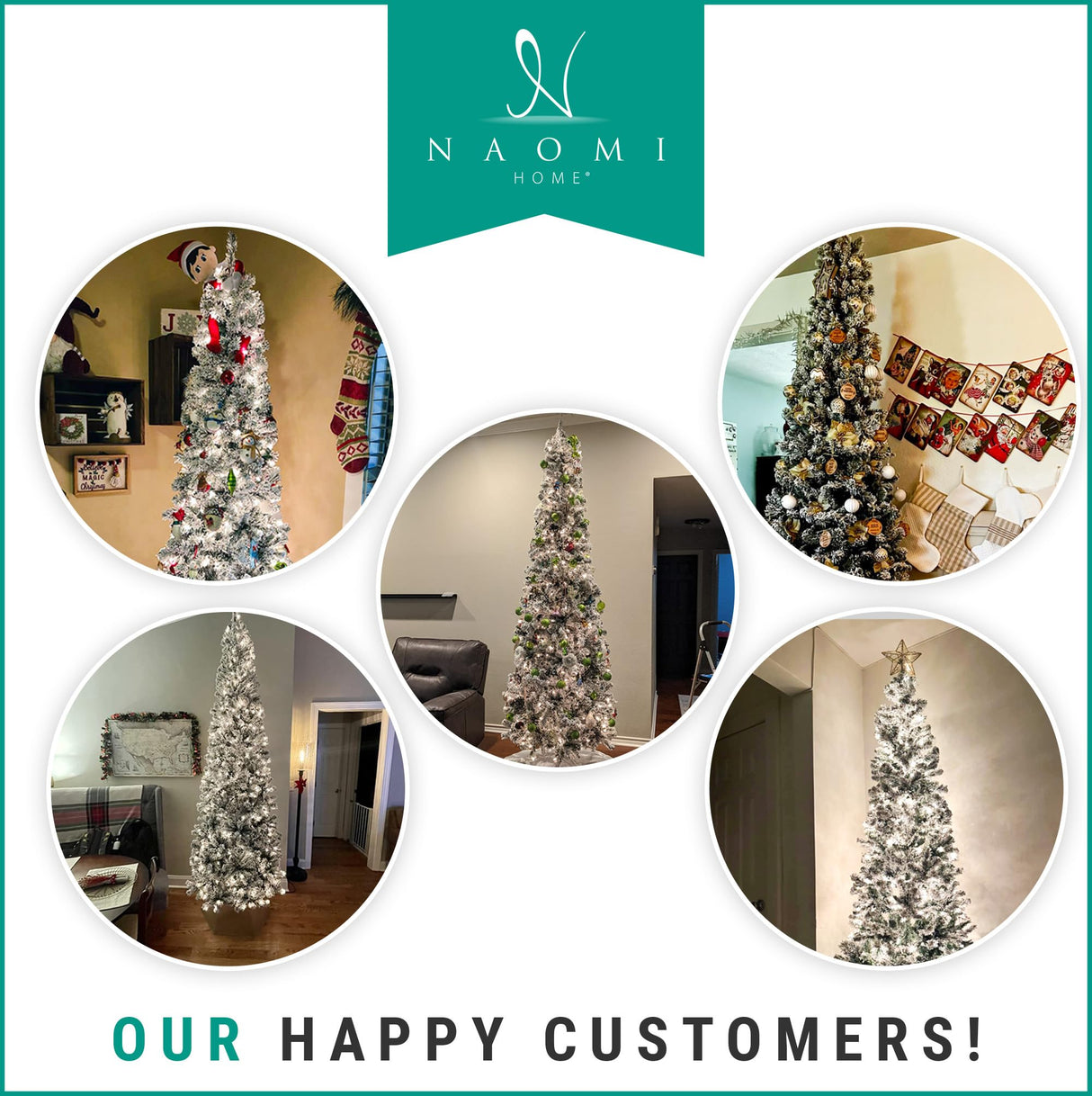 Salzburg 9ft Frosted Prelit Slim Artificial Christmas Tree with 1455 Branch Tips, 500 Warm Lights and Metal Stand, 37" Wide Realistic Snow Flocked Skinny Pencil Christmas Tree by Naomi Home Naomi Home