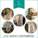 Salzburg 9ft Frosted Prelit Slim Artificial Christmas Tree with 1455 Branch Tips, 500 Warm Lights and Metal Stand, 37" Wide Realistic Snow Flocked Skinny Pencil Christmas Tree by Naomi Home Naomi Home