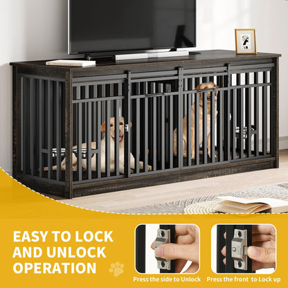 DWVO 71" Double Dog Crate Furniture for 2 Medium Dogs, Heavy Duty Wood Dual Dog Kennel TV Stand with Sliding Doors, Decorative Wooden Two Dog Cage Table with Dog Bowl for Extra Large Dogs Black Oak