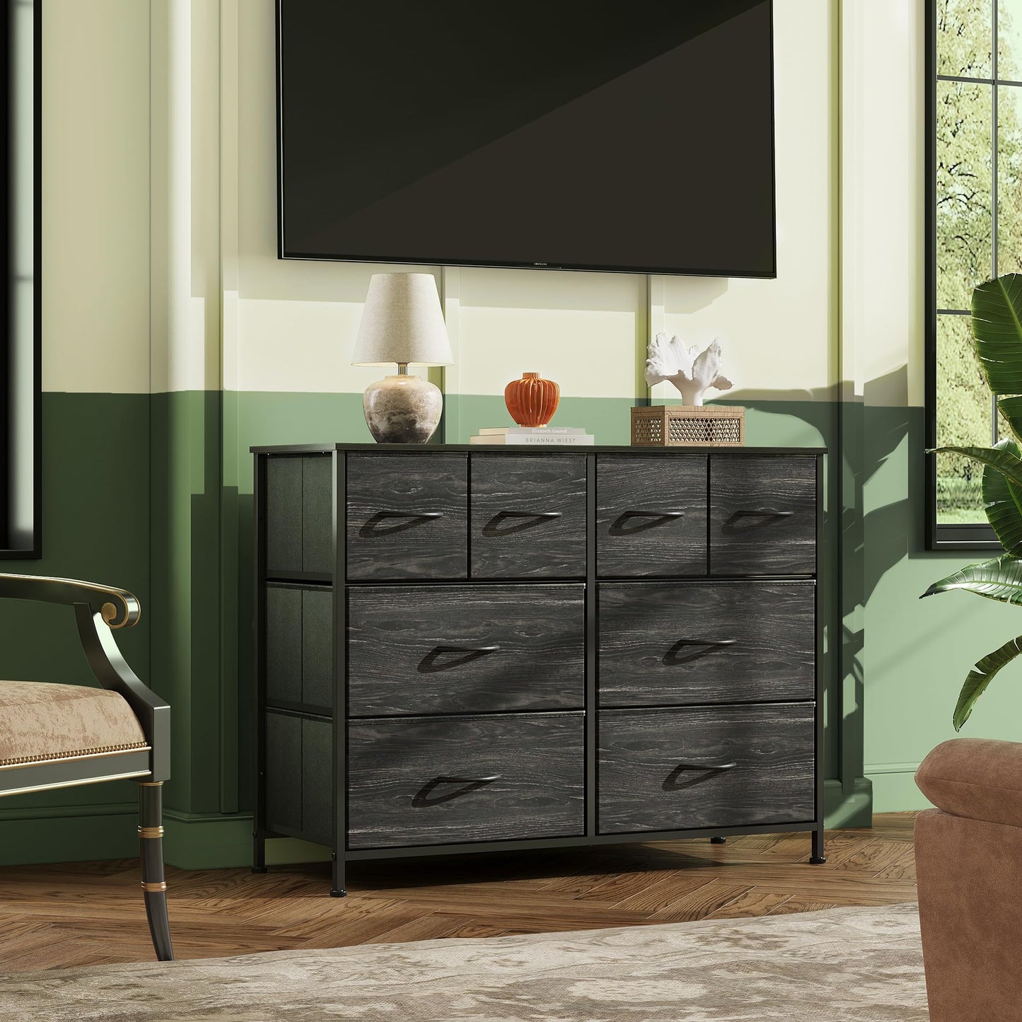 WLIVE Dresser for Bedroom with 8 Drawers, Wide Fabric Dresser for Storage and Organization, Bedroom Dresser, Chest of Drawers for Living Room, Closet, Hallway, Charcoal Black Wood Grain Print - WoodArtSupply