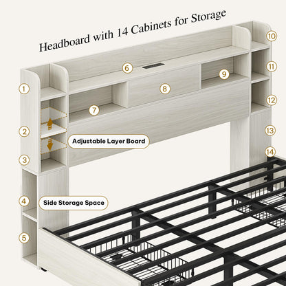 YITAHOME King Bed Frame with Bookcase Headboard and 4 Storage Drawers, RGB LED Bed Frame with Type-C & USB Charging Station Storage Headboard Bed Frame, No Box Spring Needed, Noise Free, Antique White