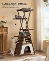 FourFurPets 72.4" Modern Cat Tower for Indoor Cats - Multi-Level Condo With Caves, Tall Tree With Scratching Board, Wooden Tower With Large Perch, Removable Pads, Rustic Brown FourFurPets
