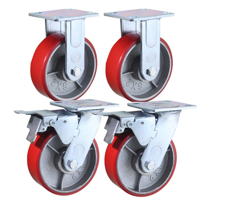 6 Inch - 6" X 2" Industrial Casters - 2 Fixed and 2 Swivel Caster Wheels with Brakes - Cast Iron Plate Casters Set of 4 Heavy Duty - 3500 lb Capacity - Foghorn Construction Foghorn Construction
