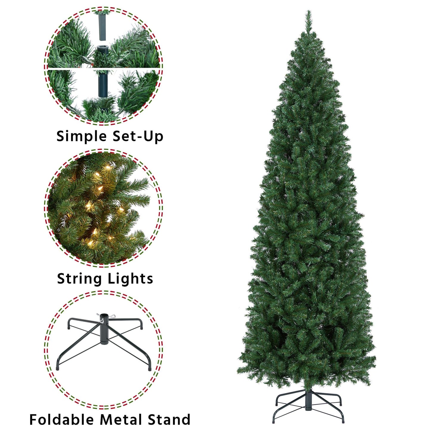 Yaheetech 7.5ft Pre-lit Kingswood Fir Pencil Artificial Hinged Christmas Tree Skinny Corner Xmas Tree with 350 Incandescent Warm White Lights Prelighted Xmas Tree with Foldable Stand, Green