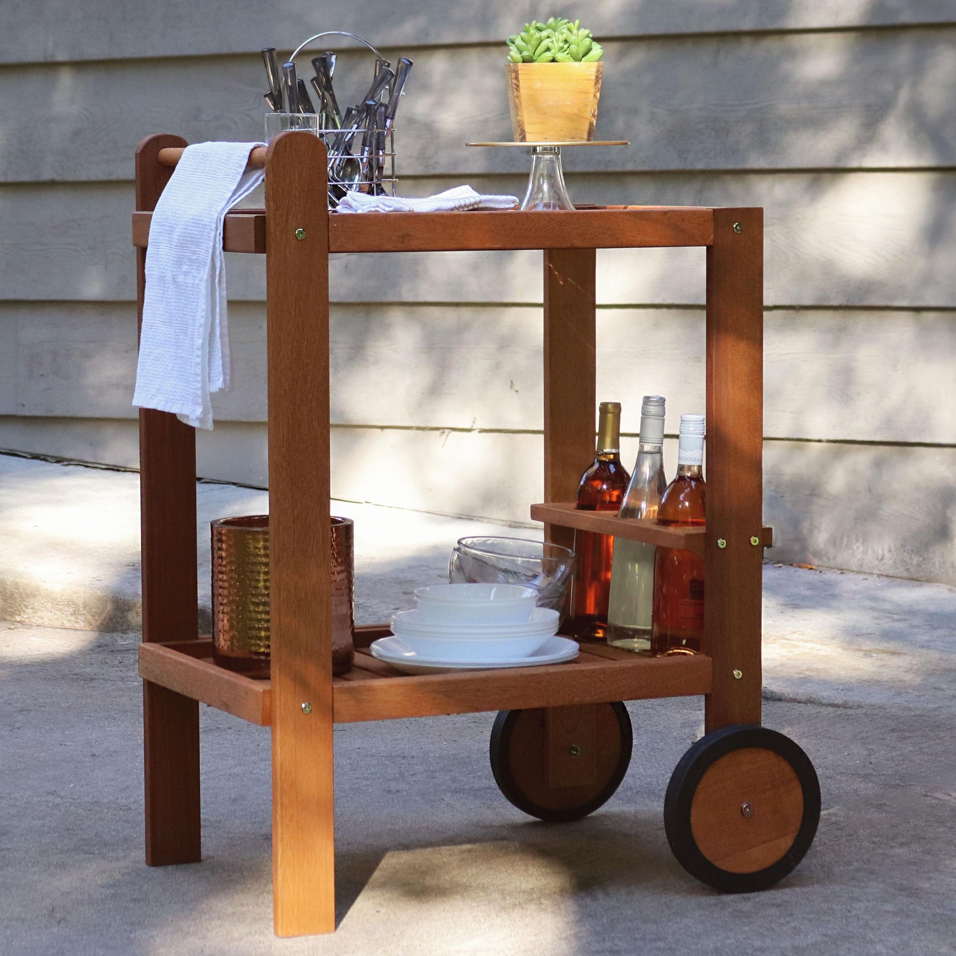 Sunnydaze Indoor/Outdoor Wood Bar Cart with Wheels - Malaysian Hardwood with Teak Oil Finish - 27.5" Wide x 35.5" High - WoodArtSupply