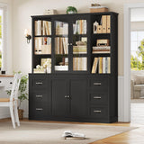 HIFIT 74.4'' Tall Kitchen Pantry Storage Cabinet, 63'' Wide Large Kitchen Hutch, Farmhouse Pantry Cabinet, Bookcases and Bookshelves with 6 Drawers & 4 Doors, Black Glass China Hutch for Living Room HIFIT