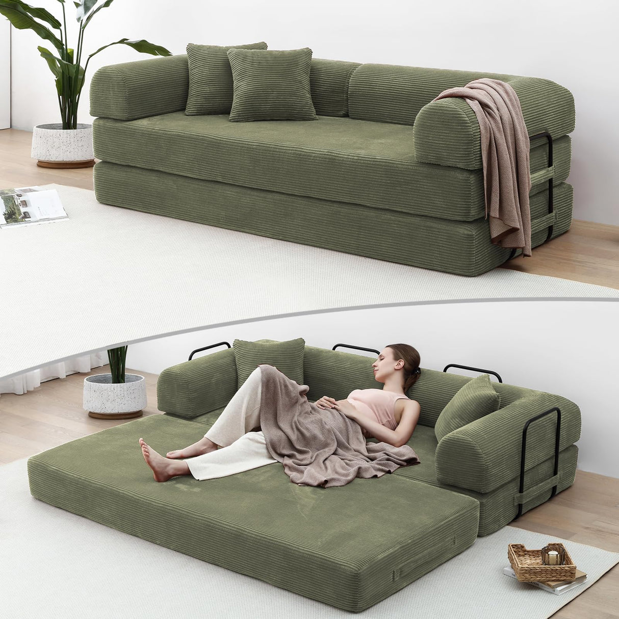 KSTNLUXQ Compression Sofa - 79'' Convertible Sofa Bed, Boneless Couch in a Box, Modular Corduroy Foldable Sleeper Sofa with 2 Pillows, Loveseat Couches for Living Room (Corduroy Fabric, Green) KSTNLUXQ