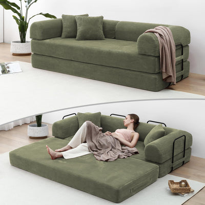 KSTNLUXQ Compression Sofa - 79'' Convertible Sofa Bed, Boneless Couch in a Box, Modular Corduroy Foldable Sleeper Sofa with 2 Pillows, Loveseat Couches for Living Room (Corduroy Fabric, Green)