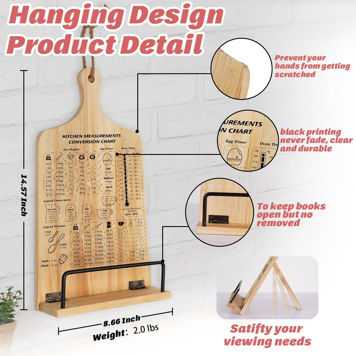Funistree Kitchen Conversion Chart Cookbook Stand, Sturdy Wood Cook Book Holder, Recipe Cookbook Holder Stand with Kitchen Counters, Kitchen Baking Gifts for Women, Accessiores for Holding Cookbook Funistree