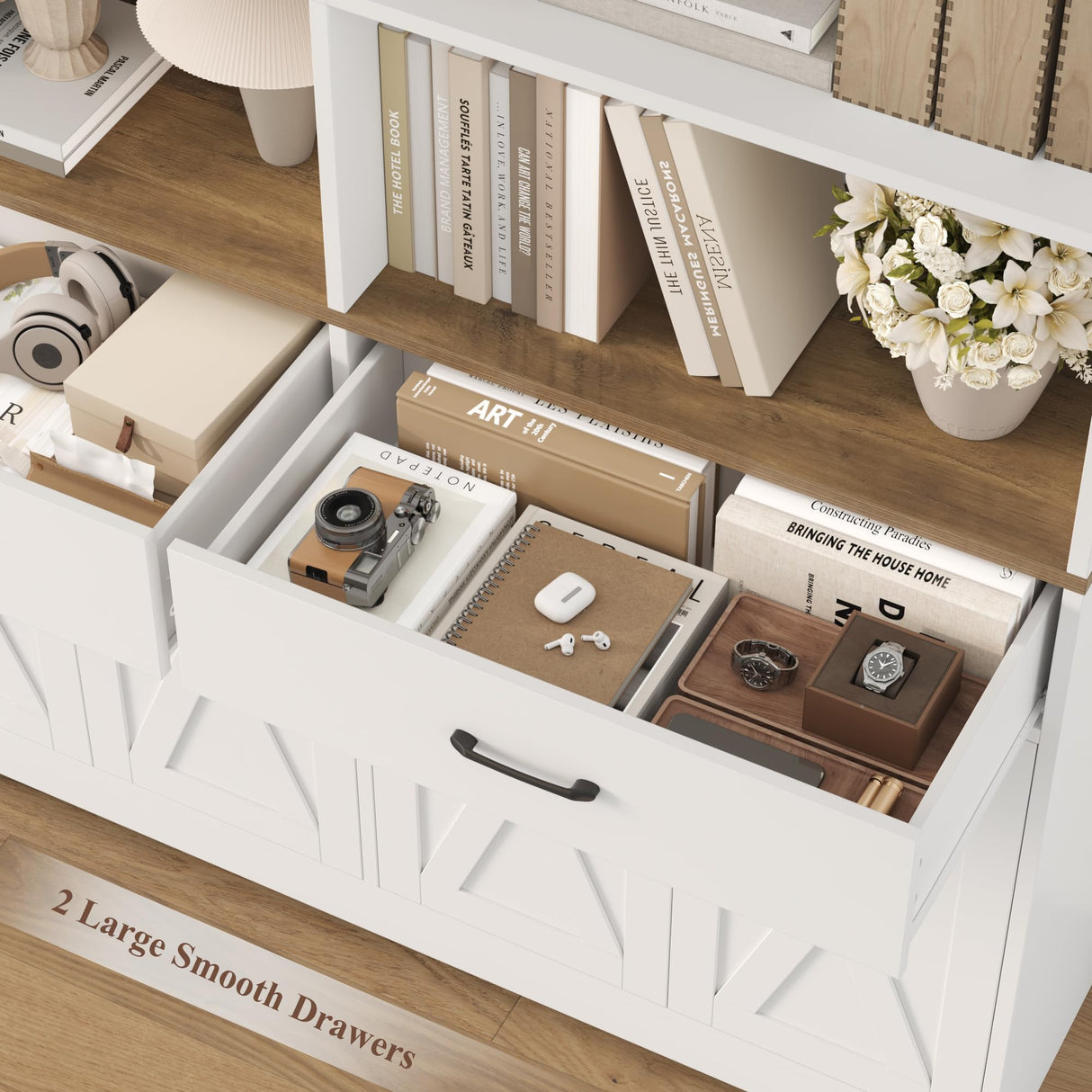 HOSTACK 69" Tall Book Shelf and Bookcase, 47" Wide Bookshelf with Doors and Drawers, 6 Tier Large Wood Bookcases with Storage Cabinet, Modern Farmhouse Display Shelf for Living Room, Office, White HOSTACK