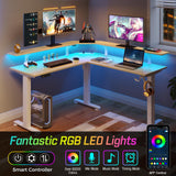 Rolanstar Standing Desk L Shaped with LED Light and Power Outlet, Electric Height Adjustable Computer Office Desk Sit Stand Up with Monitor Stand, Beige Rolanstar