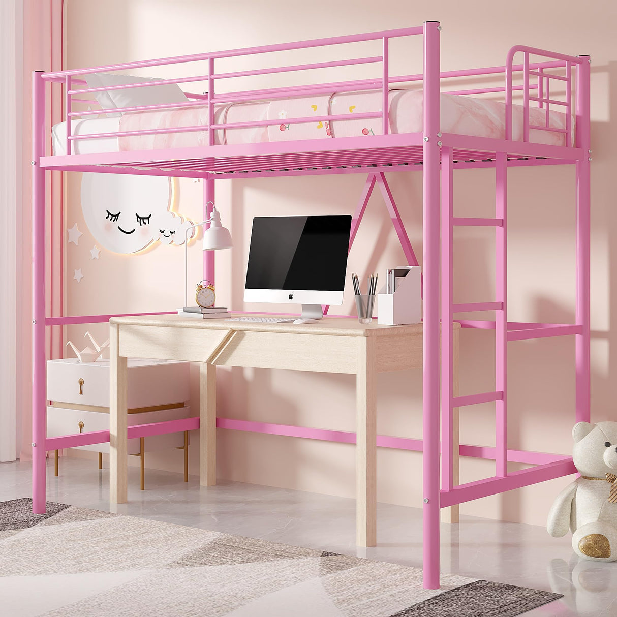 VECELO Metal Loft Bed Twin Size, Heavy Duty Bedframe with Removable Ladder and Safety Guardrail, Space-Saving, Noise Free, No Box Spring Needed, Pink VECELO