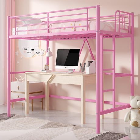 VECELO Metal Loft Bed Twin Size, Heavy Duty Bedframe with Removable Ladder and Safety Guardrail, Space-Saving, Noise Free, No Box Spring Needed, Pink VECELO