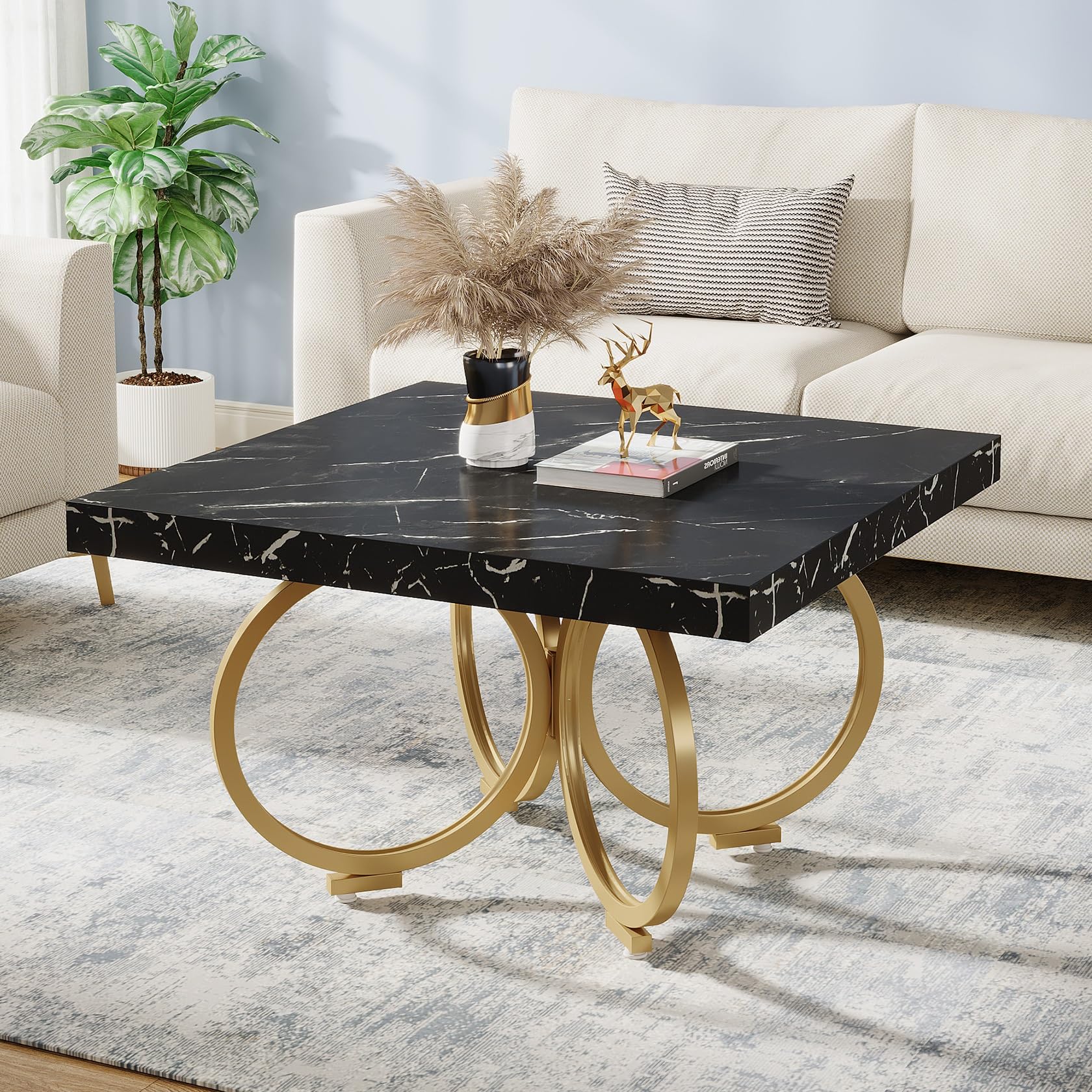 Tribesigns Square Coffee Table, 31.5 Inch Modern Black Cocktail Table with Gold Geometric Frame, Faux Marble Center Table Tea Table for Living Room, Simple Assembly (Black & Gold) - WoodArtSupply