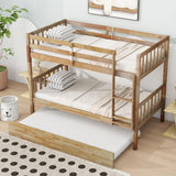 KEIKI Twin Over Twin Rubber Wood Bunk Bed with Trundle, Convertible into 2 Twin Size Beds, Twin Size Bunk Bed with Ladder and Safety Guardrails,Natural KEIKI