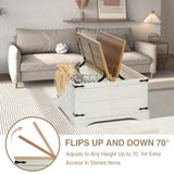 Wnutrees Farmhouse Coffee Table with Hinged Lift Top and Large Hidden Storage Compartment, Rustic Square Wood Central Table for Living Room, Bedroom, Home Office, Antique White Wnutrees