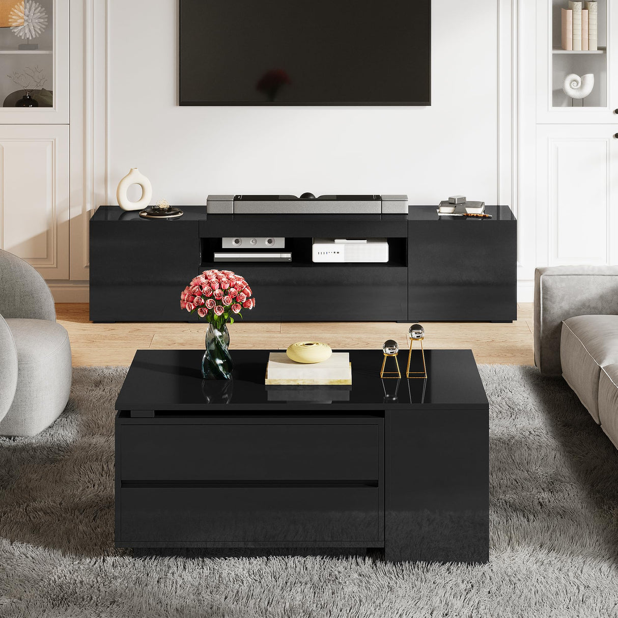 YITAHOME LED Coffee Table with Storage 4 Drawers, Modern Coffee Tables for Living Room, Wooden Rectangle Extendable Center Table with Open Shelves & Sliding Tabletop 35"- 61" for Home Office, Black YITAHOME