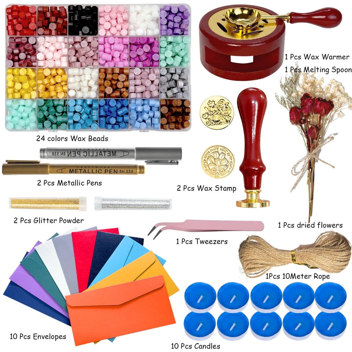 Wax Seal Kit, 24 Colors Sealing Beads, 2 Pcs Stamp,Sealing Wax Warmer, Metallic Pen, Envelope,Dried Flower,Candles for Wedding Birthday Gift and DIY Craft Xitalia