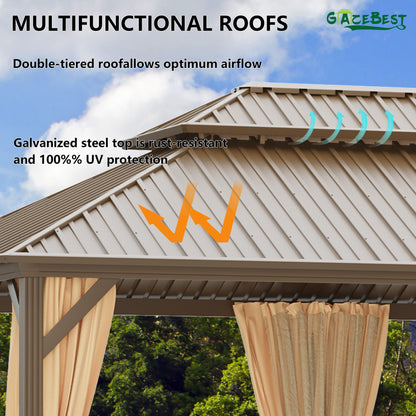 GAZEBEST 12x18 ft Hardtop Gazebo Outdoor Aluminum Patio Gazebo Double Roof Galvanized Steel Gazebo Canopy with Netting and Curtains,for Garden Patio,Patio Backyard,Deck and Lawns - WoodArtSupply