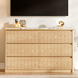 Ieejdn Fluted Dresser for Bedroom with 6 Drawers, 47.2" Modern Chest of Drawers with Faux Marble Top, Curved Profile Design,Dresser TV Stand, Wood Drawer Organizer for Living Room, Hallway, Oak1