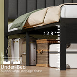 Furnulem Queen Size Bed Frame with Charging Station and LED Lights, Platform Bed with Metal Slats, Grey Upholstered Headboard with 2-Tier Storage Shelves, No Box Spring Needed Furnulem