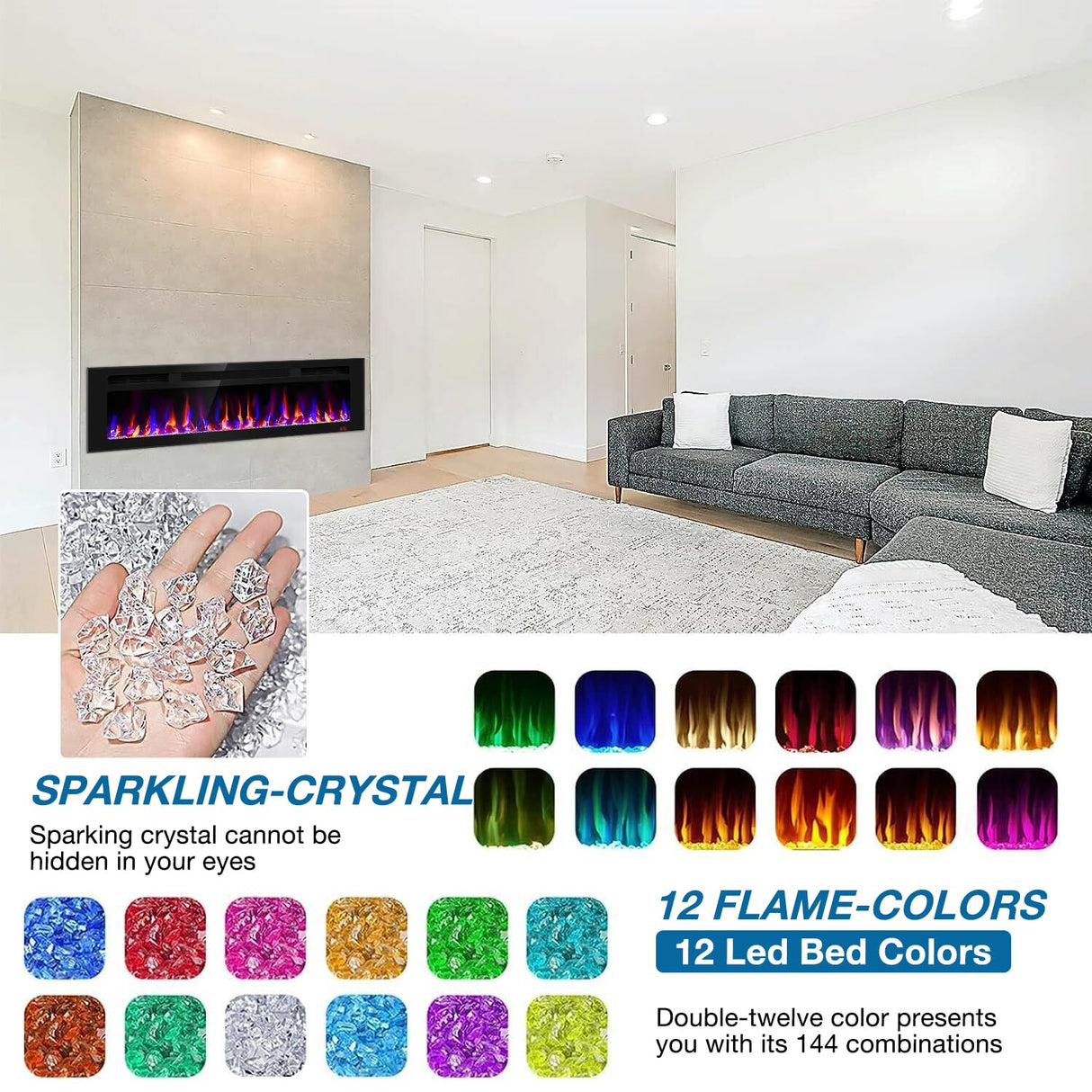 60 Inch Electric Fireplace Recessed and Wall Mounted, Fireplace Heater and Linear Fireplace, Ultra-Thin Electric Fireplace, Low Noise, with Timer, Remote Control, Adjustable 12 Flame Color, 750/1500W Sixfivsevn