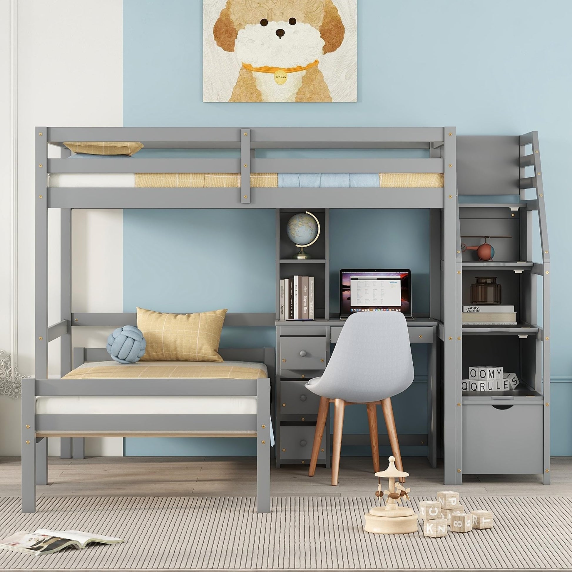 Harper & Bright Designs Twin Loft Bed with Storage Stairs, Desk and Removable Bottom Bed – Grey - WoodArtSupply