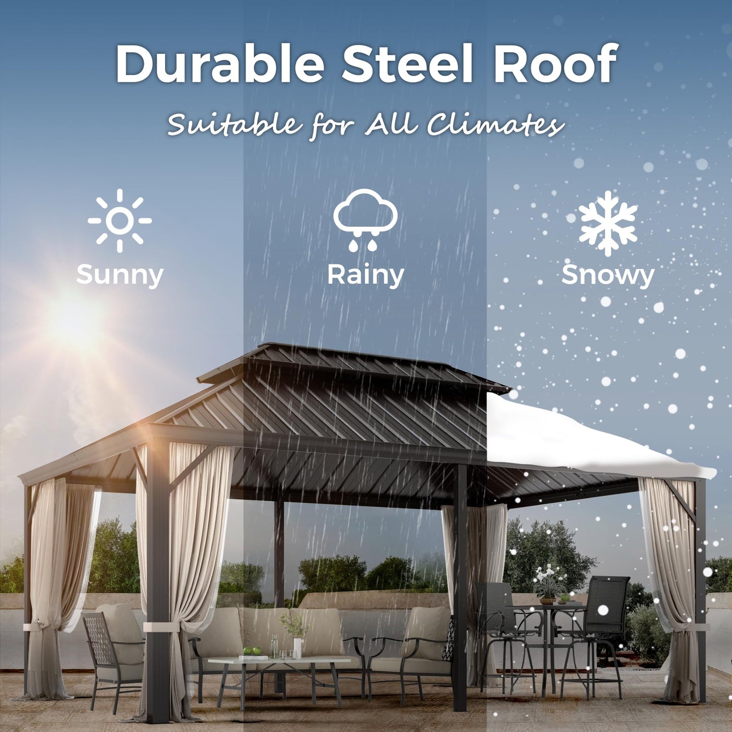 MIXPATIO 12' x 18' Hardtop Gazebo, Galvanized Steel Metal Double Roof Gazebo, Permanent Outdoor Metal Pavilion with Curtain and Netting for Deck, Backyard, Patio, Lawns - WoodArtSupply