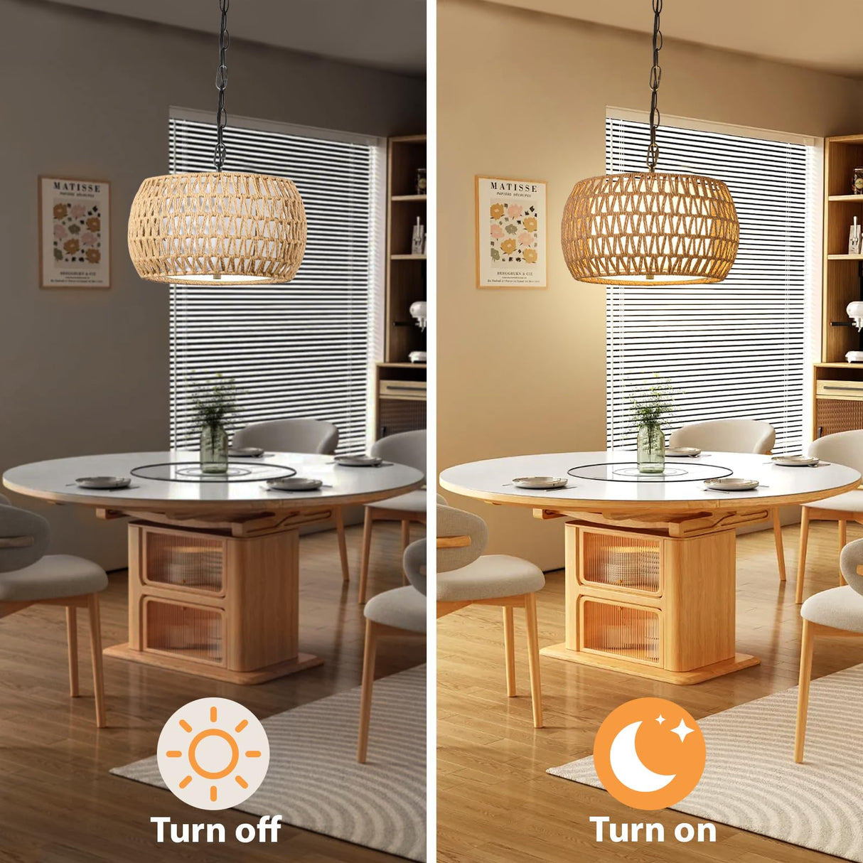 SUNLUMI Farmhouse Rattan Chandelier with 2-Tier Wicker and Fabric Shade, 3-Lights Boho Drum Pendant Light Fixture with Adjustable Chain, Hand-Woven Basket Chandeliers for Dining Living Room Kitchen SUNLUMI