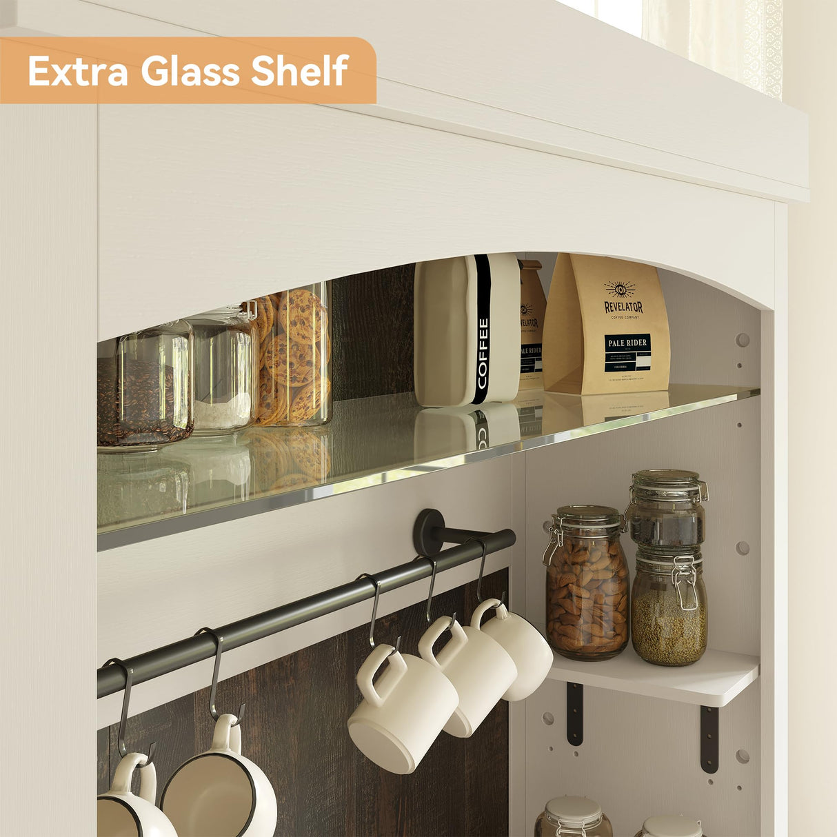 CABIHOME Farmhouse Coffee Bar Cabinet with Storage LED Buffet Cabinet 72" Coffee Hutch Cabinet Large Kitchen Sideboard with Wine Rack/Glass Shelf for Kitchen, Dining Room, Living Room CABIHOME