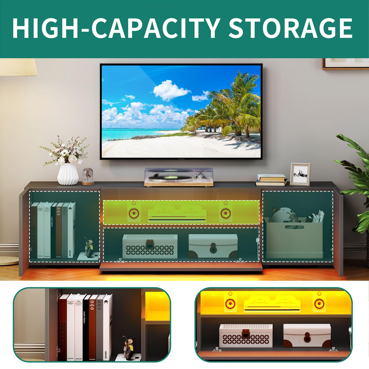 YITAHOME TV Stands for Living Room, 75 inch TV Stand, LED Entertainment Center with Storage, Modern Television Stands, High Glossy Gaming Media Stand, Grey YITAHOME