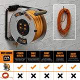 Masterplug 100ft Cord Reel, Metal Cable Drum, Retractable Extension Lead with Winding Handle, Safety Overload Circuit Breaker and Power Switch, 4x Grounded Outlets, 15amps, 12AWG Cable Masterplug